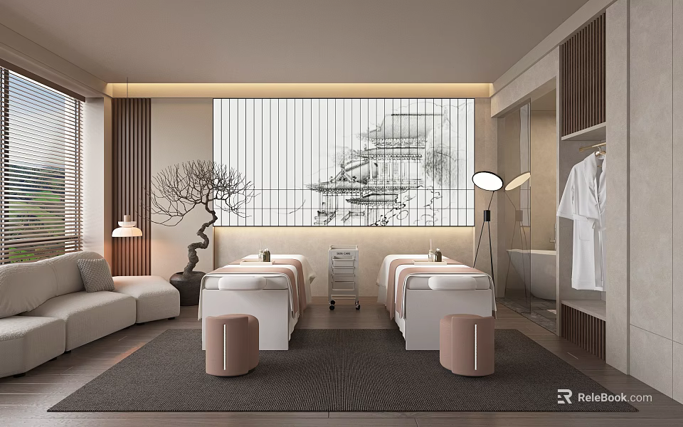 Beauty Salon Interior Design With Massage Beds Sofa Screen And Floor Lamp 3d model 