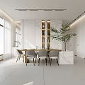 Modern Minimalist Living Dining Room Interior With Large Windows Potted Plants Sofa And Coffee Table