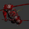 Red Samurai Character in Traditional Armor Holding Two Swords Posing in Combat Stance