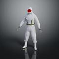 Game Movie Character in White Protective Suit with Red Face Mask Yellow Belt Standing Pose