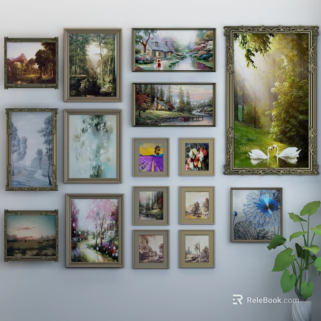 Various Framed Landscape Paintings With Forest Country Cottage Flower Field And Swan Scenes On Wall 3d model 