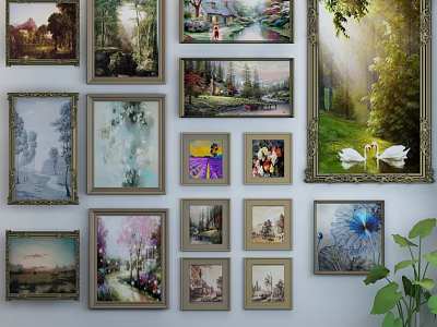 Various Framed Landscape Paintings With Forest Country Cottage Flower Field And Swan Scenes On Wall 3d model