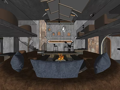Modern Bar Interior Design With Fireplace Cozy Sofa And Open Ceiling 3d model