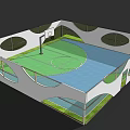 Basketball Court Interior Design With Green Blue Flooring And Basketball Hoop