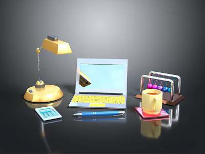 Modern Office Desk Setup With Gold Desk Lamp Silver Laptop Calculator And Blue Pen 3d model