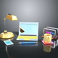 Modern Office Desk Setup With Gold Desk Lamp Silver Laptop Calculator And Blue Pen