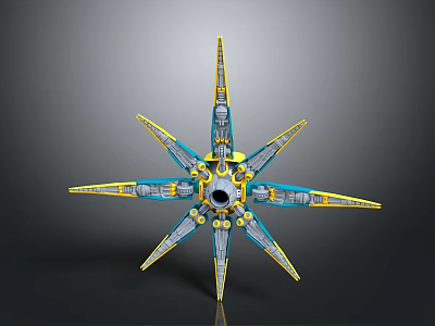 Star Shaped Mechanical Sci Fi Device With Yellow Blue Arms And Central Hole 3d model