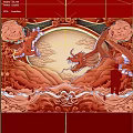 Traditional Chinese Red Background With Dragon Clouds Mountains And Standing Person In Decorations