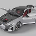 Silver Sports Car With Open Doors Hood And Red Interior Seats