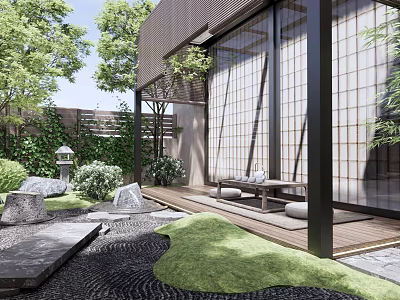 Japanese Courtyard Garden With Stone Lantern Raked Gravel Wooden Deck Lush Greenery And Sliding Screens 3d model