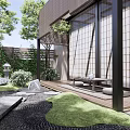 Japanese Courtyard Garden With Stone Lantern Raked Gravel Wooden Deck Lush Greenery And Sliding Screens