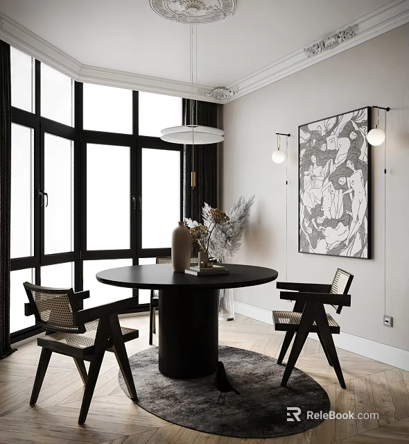 Modern Restaurant Interior With Large Windows Black Round Dining Table Artwork And Pendant Light 3d model