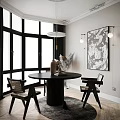 Modern Restaurant Interior With Large Windows Black Round Dining Table Artwork And Pendant Light 3d model