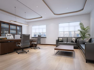 Modern Office Interior With Wooden Bookshelves Desks Chairs Sofa Coffee Table Windows And Plant 3d model