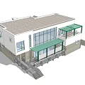 Modern Detached Villa With White Exterior Large Glass Windows Green Frames And Terrace