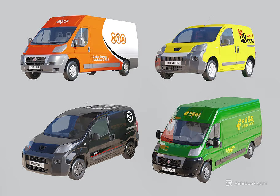 Orange Yellow Black Green Commercial Vans With Exterior Brand Logos 3d model 