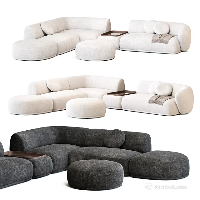 Modern Sectional Sofa Set with Beige and Gray Upholstery Ottoman and Tray Table 3d model 