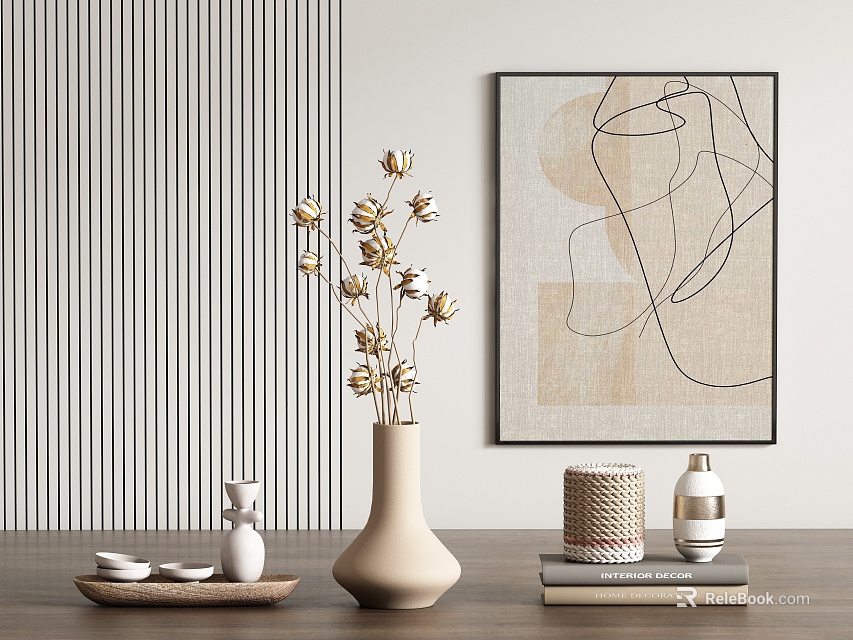 Ornamental Decor Combination With Striped Wall Geometric Art Beige Vase Dried Flowers And Table Ornaments 3d model 