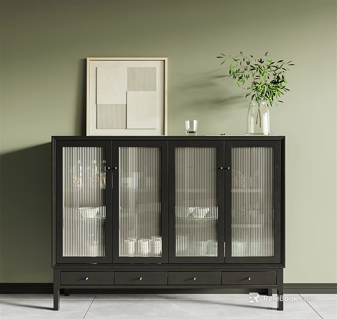 Black Sideboard With Glass Doors Drawers And Decorative Potted Plant On Green Wall 3d model 