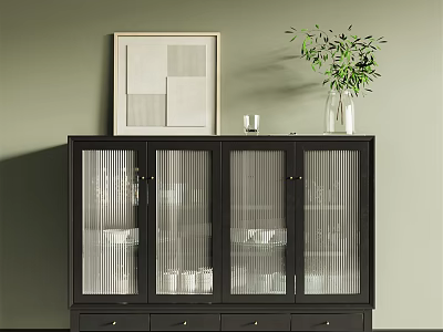 Black Sideboard With Glass Doors Drawers And Decorative Potted Plant On Green Wall 3d model