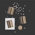 Household Coffee Supplies Display With Paper Bags Cups And Scattered Beans On White Cubes