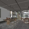 Serene Tea House Interior Featuring Wooden Table Stools Hanging Lamps And Tree View Through Windows