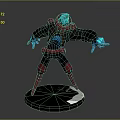 3D Designed Game Movie Character Featuring Blue Glowing Head Brown Red Outfit And Red Armor