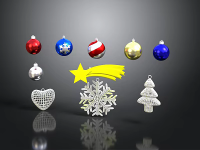 Colorful Christmas Ornaments Including Red Blue Silver Striped Gold Baubles Heart Star Snowflake Tree Decor 3d model