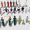 Young Women in Various Poses Wearing Traditional Qipao Displaying Elegant Postures