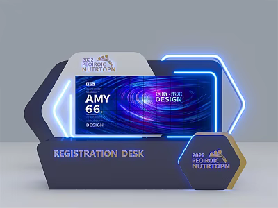 Registration Desk Design With Blue Neon Lights And 2022 AMI Nutrition Display Screen 3d model