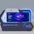 Registration Desk Design With Blue Neon Lights And 2022 AMI Nutrition Display Screen