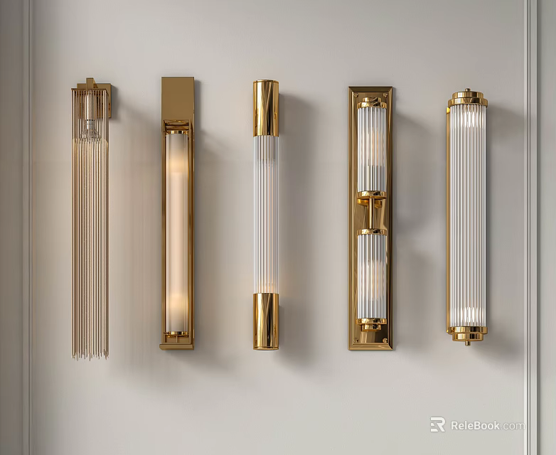 Modern Golden Metal Wall Sconces With Glass Shades On White Wall 3d model 