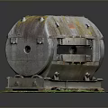 Rusted Metal Tank Model With Green Base And Cylindrical Industrial Design Features