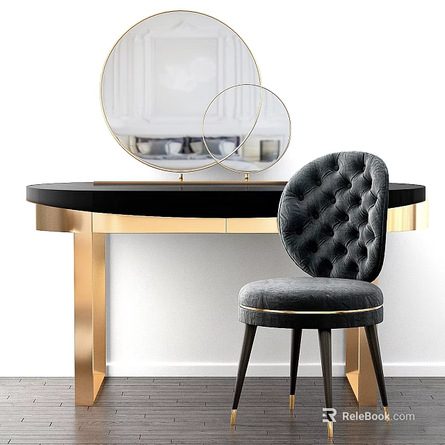 Elegant Black And Gold Vanity With Round Gold Framed Mirrors And Grey Tufted Chair 3d model 
