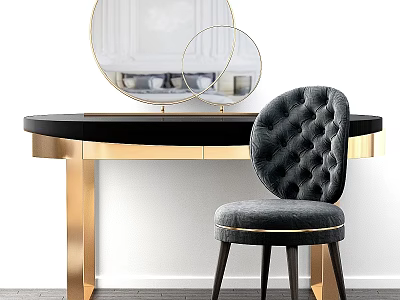 Elegant Black And Gold Vanity With Round Gold Framed Mirrors And Grey Tufted Chair 3d model