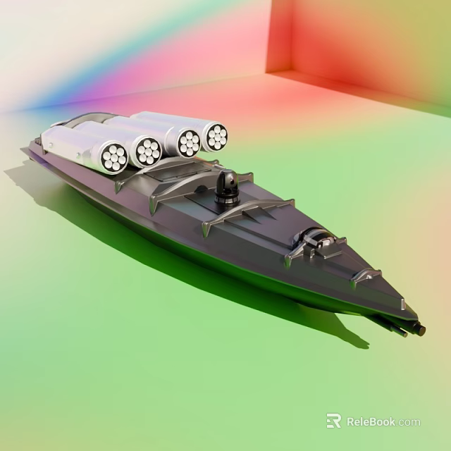 Military Weapon System On Black Warship With Three Large Circular Devices And Rainbow Colored Background 3d model 