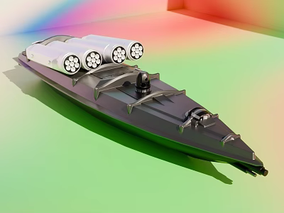 Military Weapon System On Black Warship With Three Large Circular Devices And Rainbow Colored Background 3d model