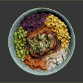Colorful Healthy Bowl With Edamame Corn Cabbage Tofu And Sesame Sauce