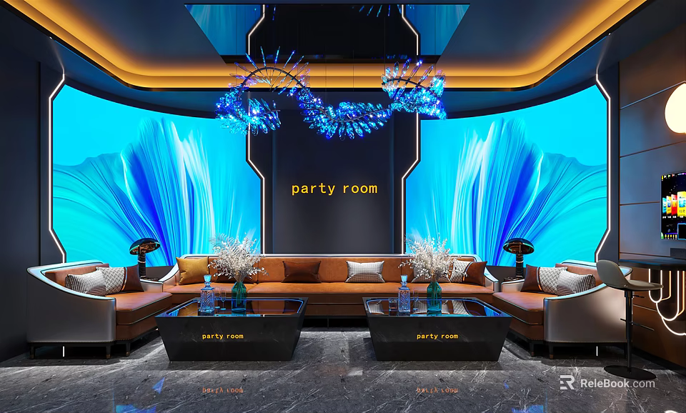 Modern Elegant KTV Room With Blue Background Wall Sofa And Chandelier 3d model 