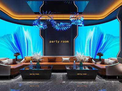 Modern Elegant KTV Room With Blue Background Wall Sofa And Chandelier 3d model