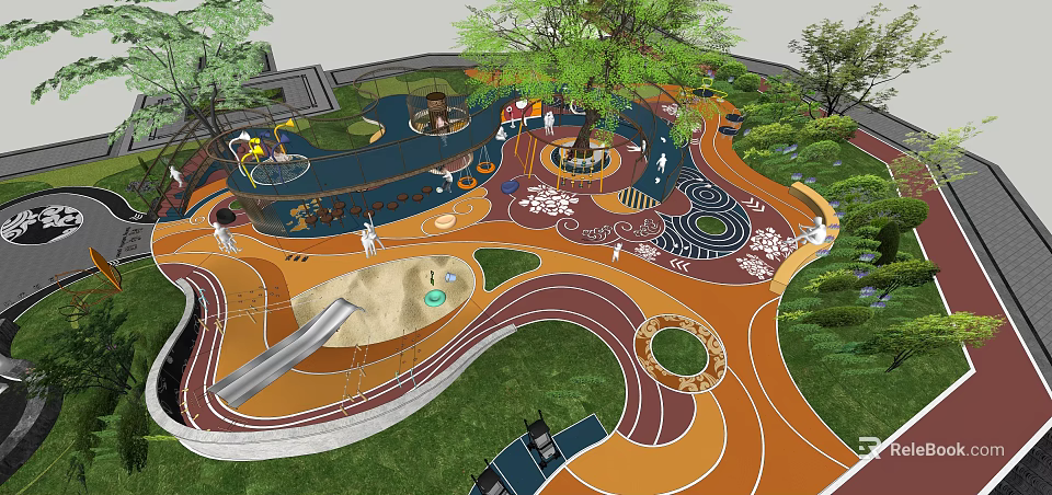 Children's Play Area With Slide Sandpit Colorful Ground Trees And Circular Track 3d model 