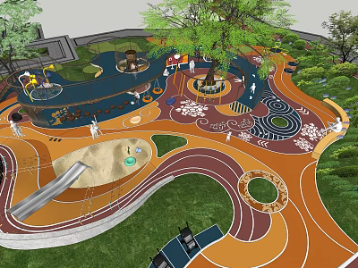 Children's Play Area With Slide Sandpit Colorful Ground Trees And Circular Track 3d model
