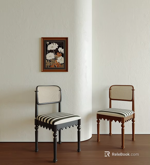 Stylish Dining Chairs With Black Brown Frames Woven Backs Striped Cushions And Wall Flower Painting 3d model 