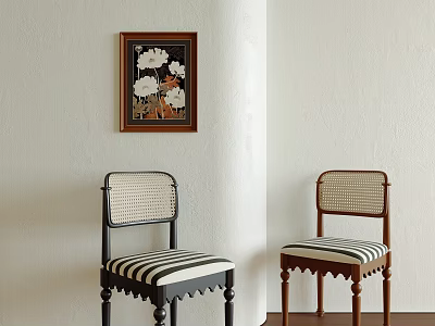 Stylish Dining Chairs With Black Brown Frames Woven Backs Striped Cushions And Wall Flower Painting 3d model