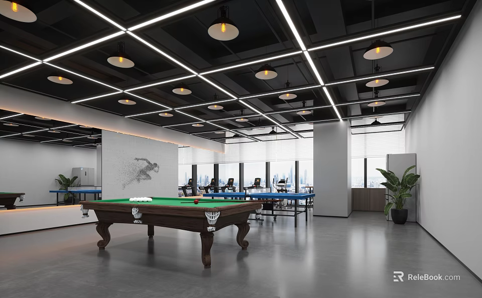 Modern Billiard Room Interior With Ceiling Lights And Spacious Area 3d model 