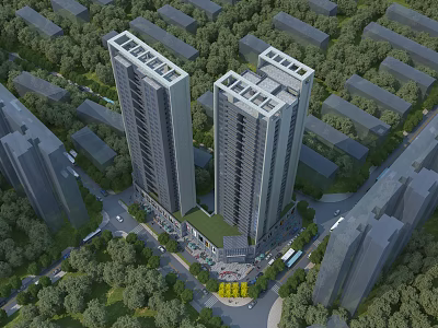 Modern High rise Residential Buildings Surrounded By Lush Greenery And Urban Community 3d model