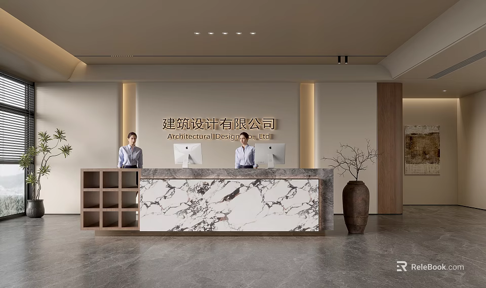 Modern Architectural Design Company Reception Desk with Marble Countertop Wooden Accents and Decorative Vase 3d model 