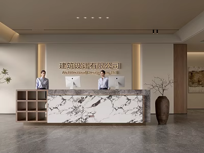 Modern Architectural Design Company Reception Desk with Marble Countertop Wooden Accents and Decorative Vase 3d model