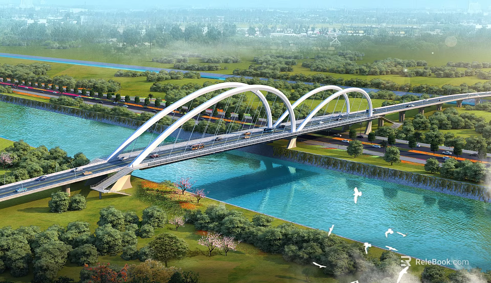 Modern Steel Arch Bridge Over River With Green Landscape And Vehicles 3d model 