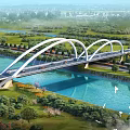Modern Steel Arch Bridge Over River With Green Landscape And Vehicles